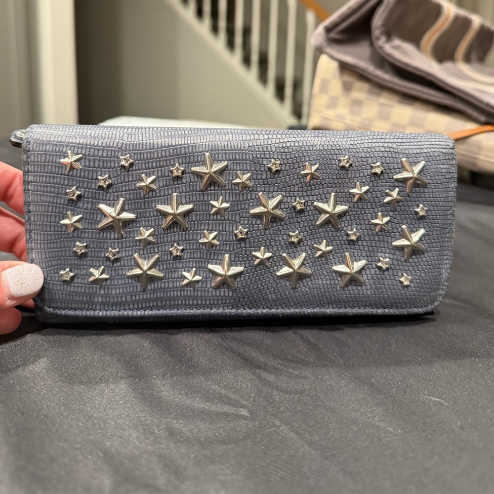 JIMMY CHOO Long Wallet Silver Star-Studded with Rhinestones Blue Grey Leather